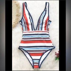 Cupshe Red, White & Blue Striped Onepiece Swimsuit